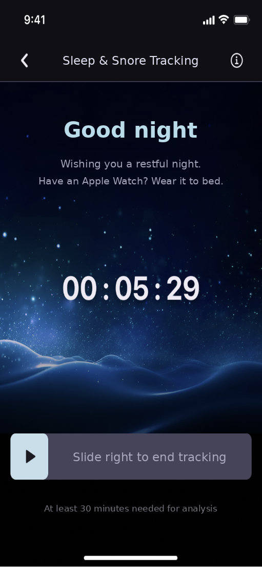 DEEP NYX nighttime recording screen, with a timer and a control to end tracking